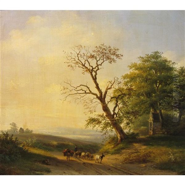 Herder Passing A Roadside Chapel Oil Painting by Alexander Joseph Daiwaille