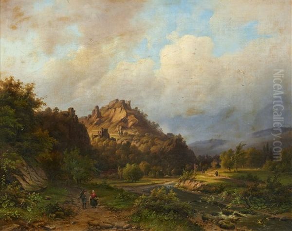 Mountainous Landscape With A River And Figures Oil Painting by Alexander Joseph Daiwaille