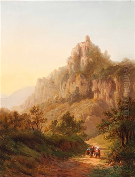 Travellers In A Mountain Landscape At Dusk Oil Painting by Alexander Joseph Daiwaille