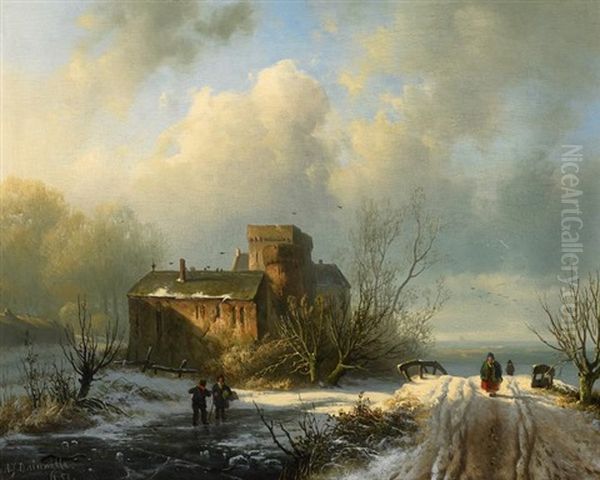 Winterliche Landschaft Mit Figurenstaffage Oil Painting by Alexander Joseph Daiwaille