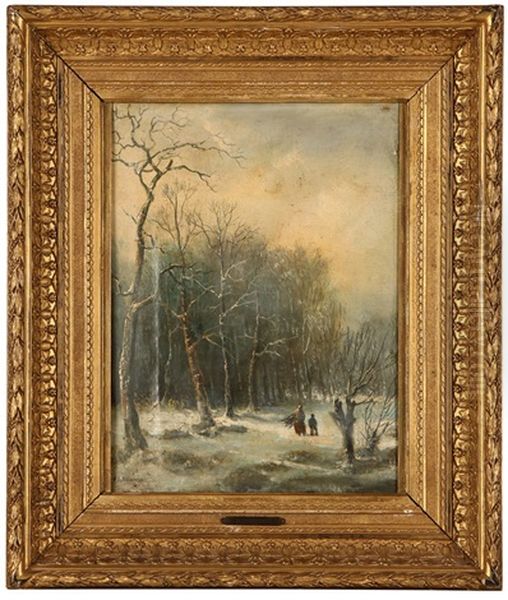 Figures In A Winter Landscape Oil Painting by Alexander Joseph Daiwaille