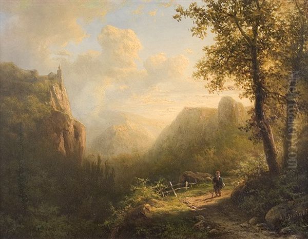 Walker In The Mountains Oil Painting by Alexander Joseph Daiwaille