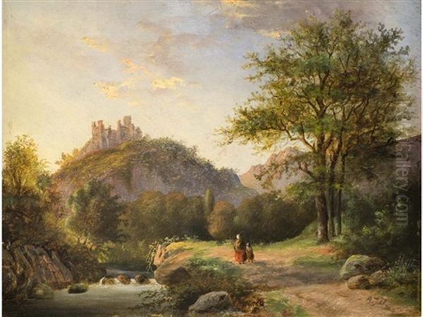 Sommerliche Landschaft Mit Burgruine Und Einem Figurenpaar Oil Painting by Alexander Joseph Daiwaille