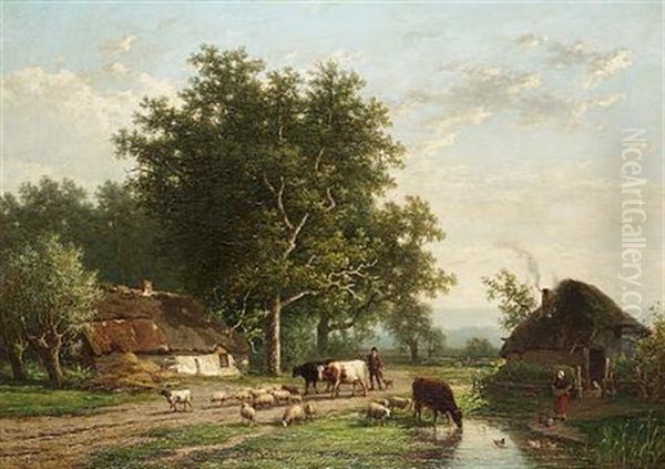 Cattle, Sheep And Drover On A Country Lane (collab. W/eugene Joseph Verboeckhoven) Oil Painting by Alexander Joseph Daiwaille