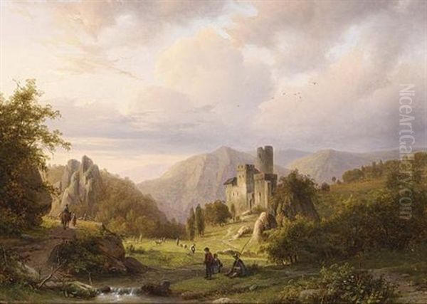 Anglers In A Mountainous Landscape Oil Painting by Alexander Joseph Daiwaille