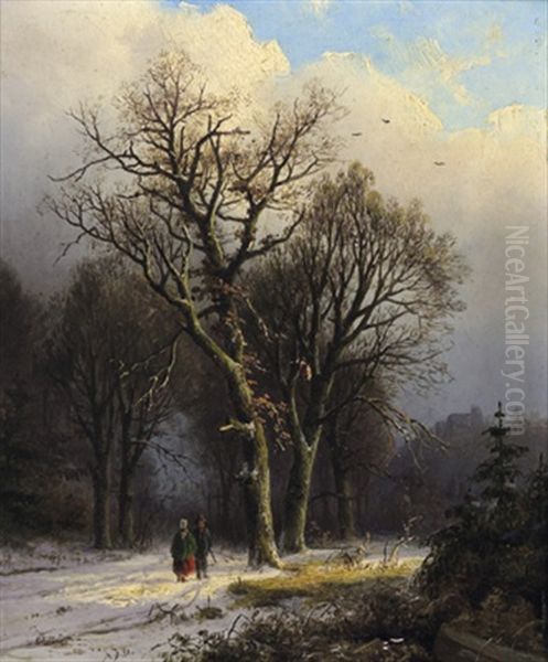 Spazierganger Im Winterwald Oil Painting by Alexander Joseph Daiwaille