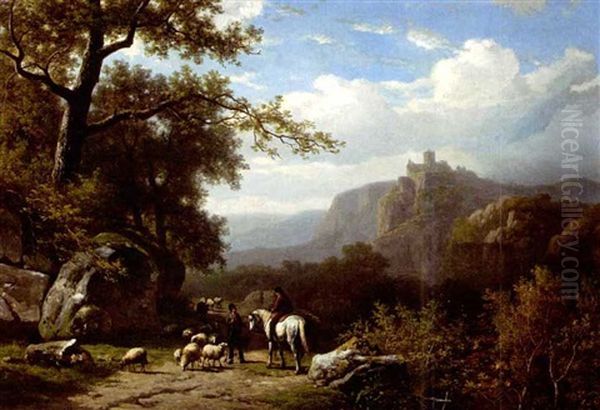 A Wooded Summer Landscape With A Shepherd And A Traveller On Horseback (collab. W/joseph Verboekhoven) Oil Painting by Alexander Joseph Daiwaille