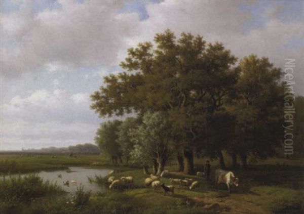 Berger Et Son Troupeau Au Bord De L'etang Oil Painting by Alexander Joseph Daiwaille