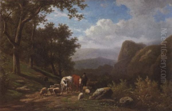 Berger Et Son Troupeau Dans Un Paysage Montagneux Oil Painting by Alexander Joseph Daiwaille