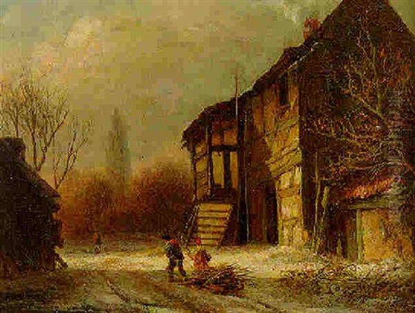 Wood Gatherers On A Snowy Track Oil Painting by Alexander Joseph Daiwaille