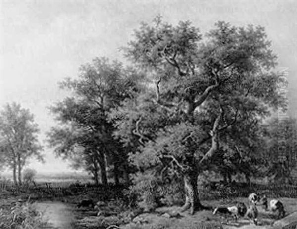 Herderin Met Vee Op Landweg Bij Drinkplaats Oil Painting by Alexander Joseph Daiwaille