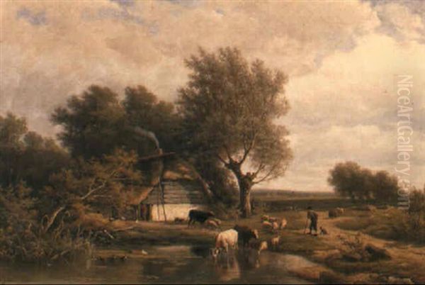 Cattle And Sheep Watering By A Pond by Alexander Joseph Daiwaille