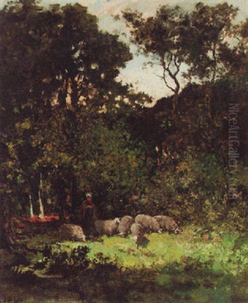 A Shepherdess And Her Sheep In A Forest by Carel Lodewijk Dake the Elder