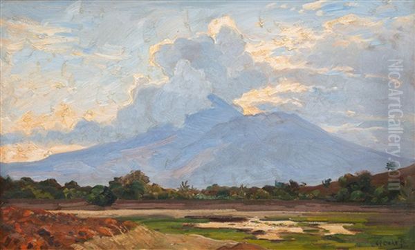 A Sawah Landscape With A Volcano In The Distance Oil Painting by Carel Lodewijk Dake the Younger