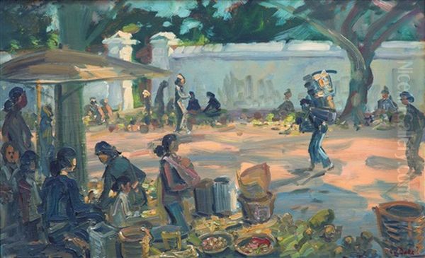 An Javanese Street Scene With Stalls Near A Gate Oil Painting by Carel Lodewijk Dake the Younger