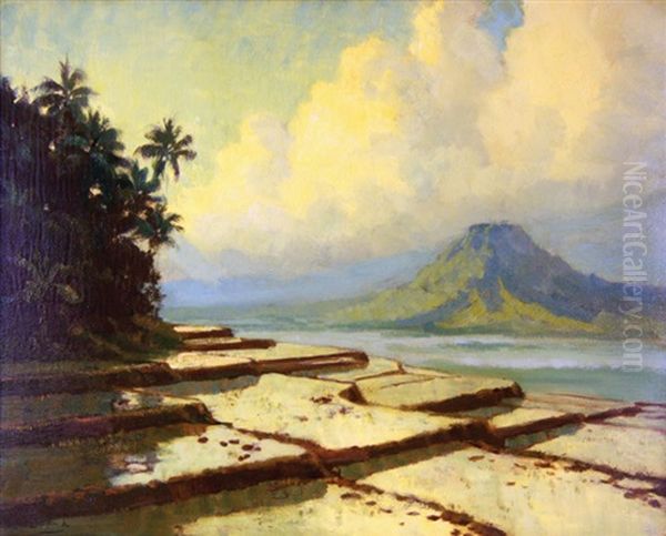 A View Of Sawah With Mountain In The Distance Oil Painting by Carel Lodewijk Dake the Younger