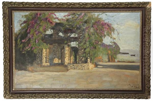 View Of An Asian House Covered With A Bougainvillea Oil Painting by Carel Lodewijk Dake the Younger