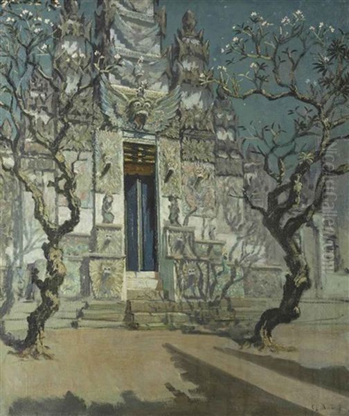 A Moonlit Temple Oil Painting by Carel Lodewijk Dake the Younger