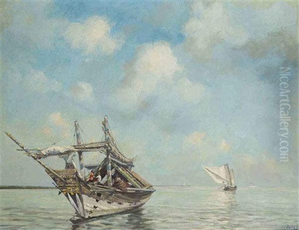 Junks Before The Coast Oil Painting by Carel Lodewijk Dake the Younger