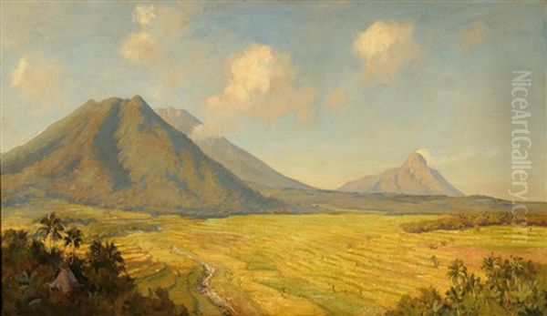 A Javanese Mountain Landscape Oil Painting by Carel Lodewijk Dake the Younger