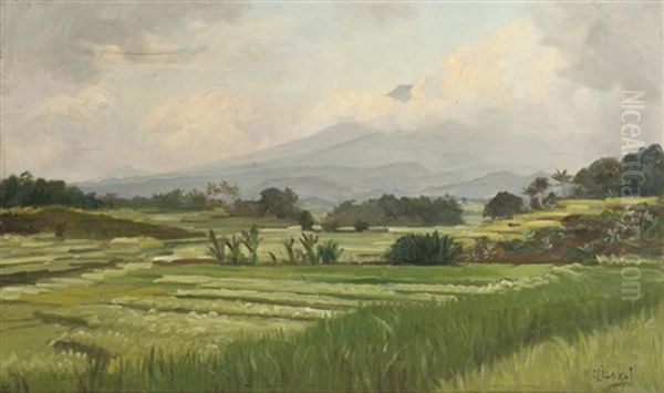 A Sawah Landscape Oil Painting by Carel Lodewijk Dake the Younger