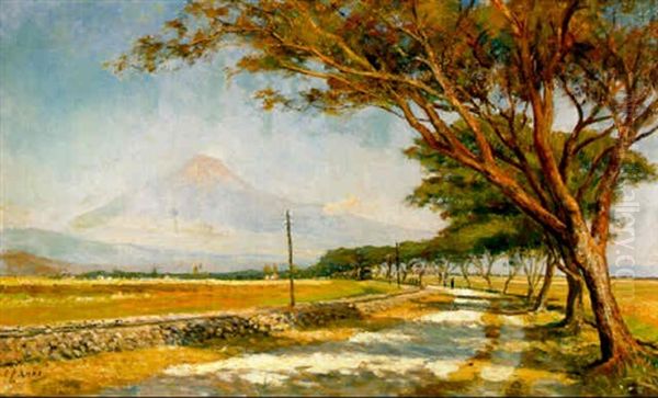 Countryroad With A Volcano In The Background Oil Painting by Carel Lodewijk Dake the Younger