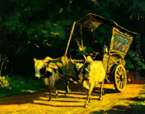 Oxen-drawn Cart On A Sandy Road Oil Painting by Carel Lodewijk Dake the Younger