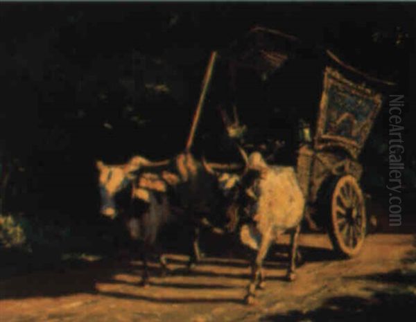 Oxen-drawn Cart On A Sandy Road Oil Painting by Carel Lodewijk Dake the Younger