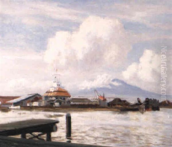 View Of The Harbour Of Semarang With A Lighthouse Oil Painting by Carel Lodewijk Dake the Younger