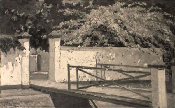 A Little Bridge, Yokyakarta, With A Bougainvillea by Carel Lodewijk Dake the Younger