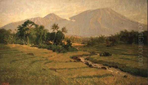 An Extensive River Landscape With A Kampong, Java Oil Painting by Carel Lodewijk Dake the Younger