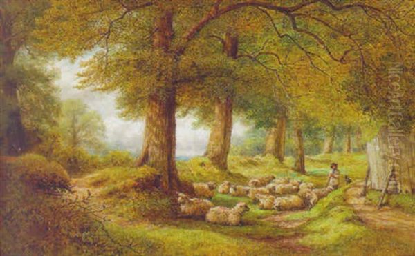 A Shepherd With His Flock On A Wooded Path by Joseph Dakin