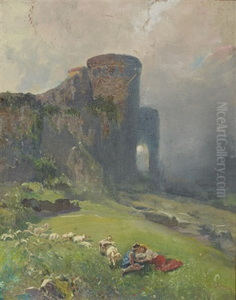 Gardien De Moutons Pres D'un Chateau En Ruine Oil Painting by Eduardo Dalbono