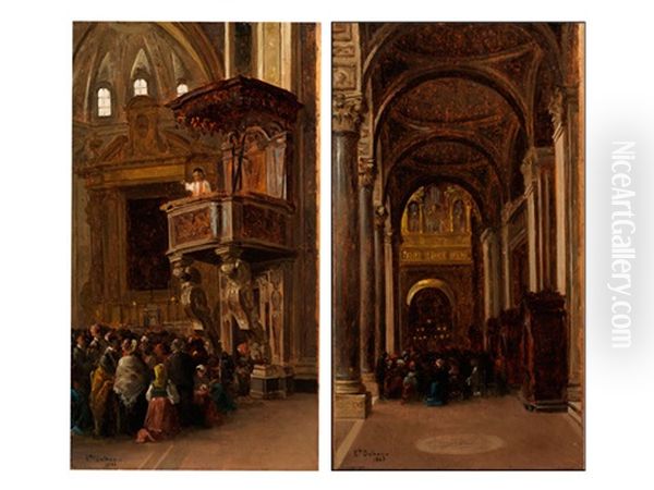 Kircheninterieur Mit Betenden Glaubigen In Einem Seitenschiff Sowie Kircheninterieur Mit Kanzel Und Einem Predigenden Priester (pair) Oil Painting by Eduardo Dalbono