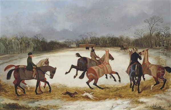 Grooms Exercising Horses In Winter by David (of York) Dalby