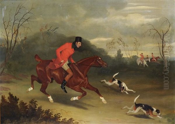 Huntsmen And Hounds In A Landscape, On The Scent Of The Fox Oil Painting by David (of York) Dalby