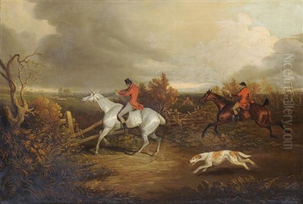 Huntsmen Riding Through A Landscape And Taking A Fence Oil Painting by David (of York) Dalby