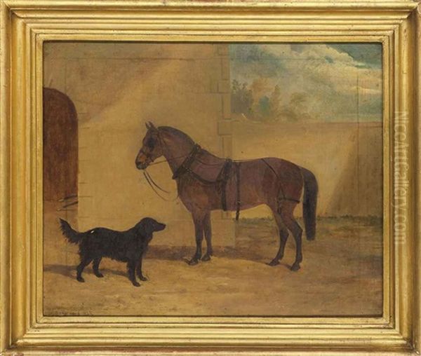 A Saddled Chestnut Hunter And Black Dog In Courtyard Oil Painting by David (of York) Dalby