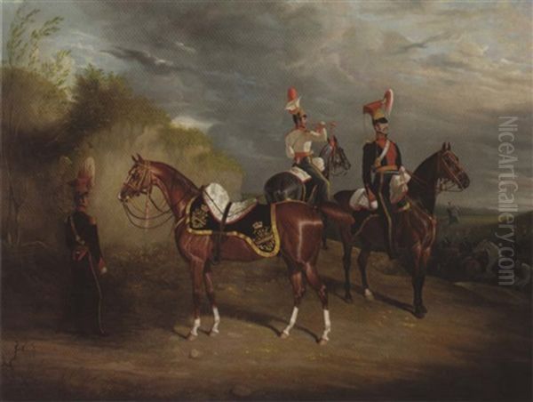 Portrait Of Captain Percy Burrell Of The 9th Light Dragoons Lancer, With His Chargers Peninsula And Others Oil Painting by David (of York) Dalby