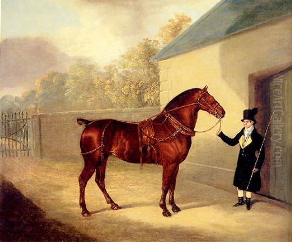 A Carriage Horse And A Groom At A Stable Oil Painting by David (of York) Dalby