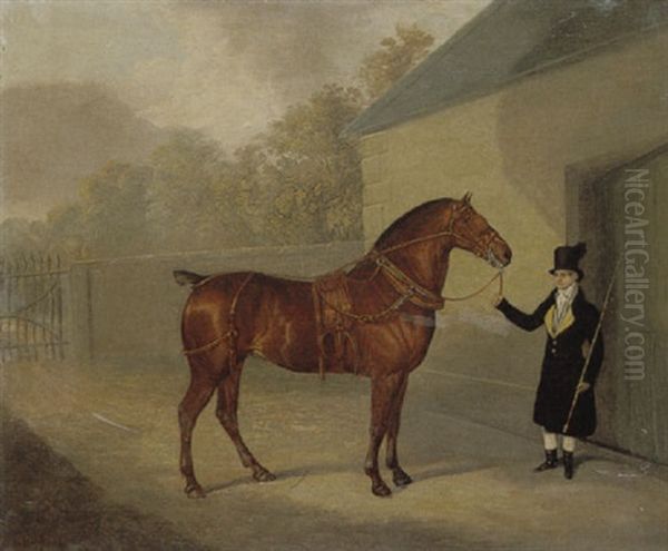 A Carriage Horse Held By A Groom In A Stable Yard Oil Painting by David (of York) Dalby