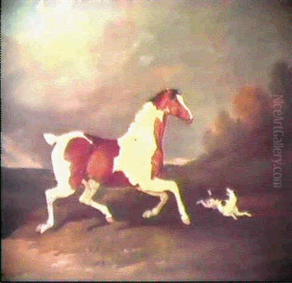 A Brown And White Skewbald Horse And A Terrier In A         Landscape Oil Painting by David (of York) Dalby