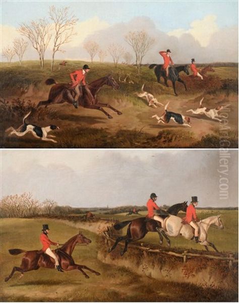 Huntsmen And Hounds On The Scent, Huntsmen Crossing A Fence And In Pursuit Oil Painting by John Dalby