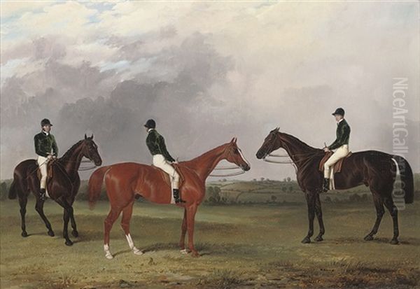 A Chestnut And Two Bay Racehorses Belonging To John Bowes With Jockeys Up Oil Painting by John Dalby