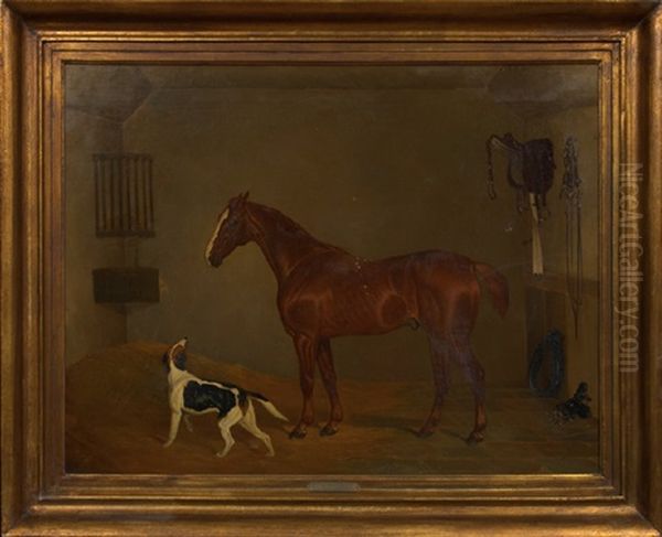 Horse And Foxhound In A Stable Oil Painting by John Dalby