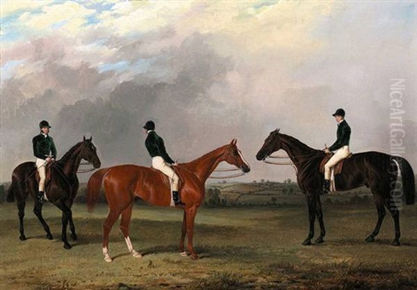 A Chestnut And Two Bay Racehorses Belonging To John Bowes With Jockeys Up Oil Painting by John Dalby