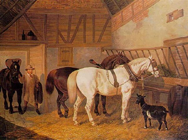 Farm Horses In A Stable Oil Painting by John Dalby