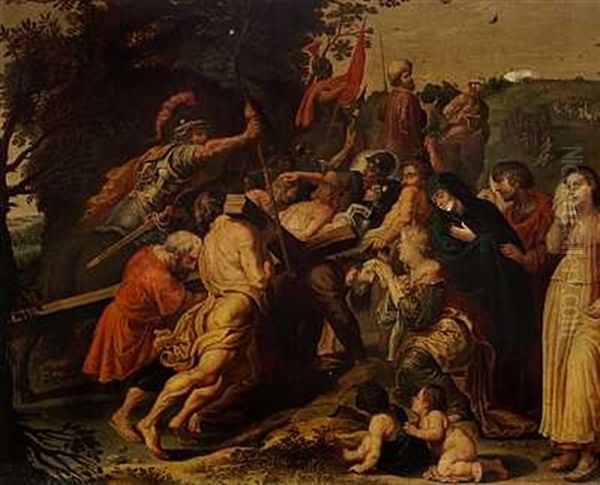 Bibelske Sceneri Med Kristus Der Baerer Korset Til Golgata (+ Bibelske Sceneri Med Kristus Der Haenger Pa Korset; Pair) Oil Painting by Gerard van den Dale