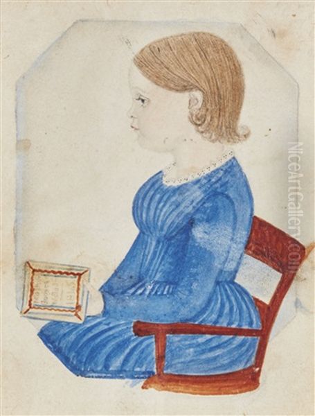 Miniature Portrait Of A Girl In A Blue Dress Seated In An Armchair And Holding 