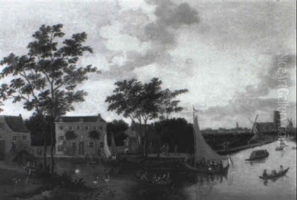 Townsfolk Promenading By The River Rotte, Outside Rotterdam Oil Painting by Jan van Dalen the Elder